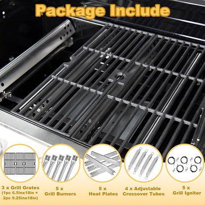 Replacement Grill Parts for Charbroil Performance 5 Burner 463347519 463275517 463347518 18" Grill Grate Burner Heat Plates for Char-Broil 4463243519 463373019 463243518 463373319 Gas Grill Parts Kit