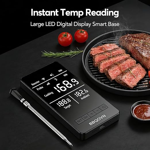 BBQOVN Smart WiFi Wireless Meat Thermometer, Sub-1G Long Range 1000FT, 7 NIST Certified Sensors in 1 Thin Probe ±0.5℉ Accuracy, Standalone Base with Large LED Screen for BBQ Grill Smoker Oven-Black