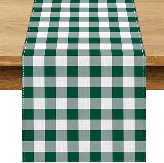 Green and White Gingham Table Runner Golf Let's Partee Checkered Decoration Hunting Christmas St. Patrick's Day BBQ Picnic Home Kitchen Table Decor