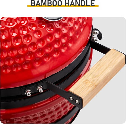 13" Round Kamado Charcoal Grill, Portable Ceramic Barbecue Grill with Thermometer for Variations on Cooking Methods(Black) (Red)