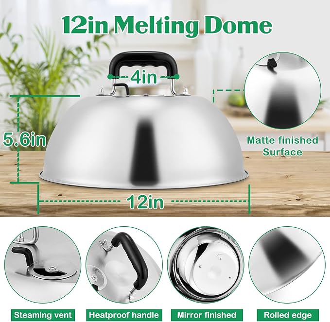 12In Cheese Melting Dome, HaSteeL Heavy Duty Basting Cover with Adjustable Vent, Stainless Steel Round Steaming Cover Lid for Flat Top Griddle Grill Teppanyaki Kitchen Indoor Outdoor, Dishwasher Safe