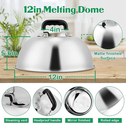 12In Cheese Melting Dome, HaSteeL Heavy Duty Basting Cover with Adjustable Vent, Stainless Steel Round Steaming Cover Lid for Flat Top Griddle Grill Teppanyaki Kitchen Indoor Outdoor, Dishwasher Safe