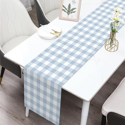 Dusty Blue Gingham Table Runner Light Blue Checkered Boy Girl Baby Shower Birthday Party Decoration Home Dining Kitchen Island Decor (13" x 48")