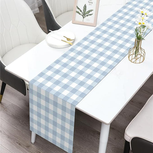 Dusty Blue Gingham Table Runner Blue Checkered Boy Girl Baby Shower Birthday Party Decoration Home Dining Kitchen Island Decor (13" x 72")