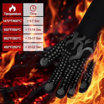 Heat Resistant BBQ Gloves, 1472°F Grilling Gloves with Silicone Non-Slip Grip, Long Cuff Oven Gloves for Barbecue, Cooking, Baking, Smoker, Fryer and Kitchen Use, 1 Pair (Black)