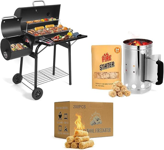 Offset Smoker Bundle with Steel Charcoal Bucket & 200 Starters
