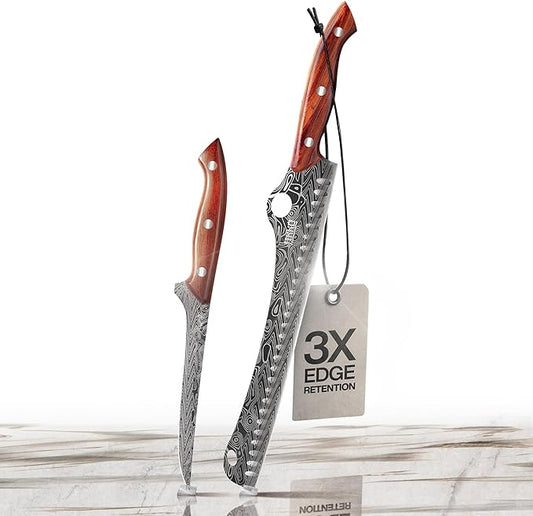 Jikko® SteelFang Edition – Japanese Brisket & Fillet Knife Set with Rosewood Handles | Premium Butcher & Carving Knives for Meat, BBQ, and Fish – Ultra Sharp High-Carbon Stainless Steel Blades
