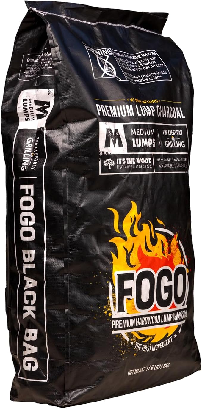 FOGO Premium Hardwood Lump Charcoal, Natural Medium Sized Lump Charcoal 17.6 Pound Bag, and Barrel Proof Bourbon Barrel Blocks, 2 Pound Resealable Bag, Bundle