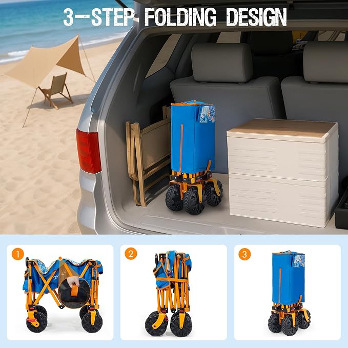 300lbs Extra Long 49" L Beach Wagon with Big Wheels with Brake for Sand, Collapsible Utility Beach Cart Heavy Duty Folding Wagon,Ideal for Outdoor Sand Camping Garden Pet