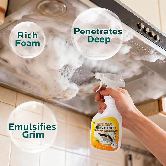 Degreaser Cleaner Heavy Duty Spray: Foaming Kitchen Spray for Cookware | Cuts Through Baked-On Grease on Ovens Stove Tops Grills - Clean Up Kitchen Oil Stains Spray for Multi-Surface Countertop