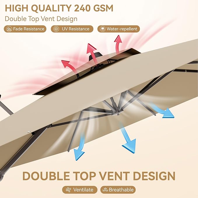 9x12 FT Patio Umbrella, Large Cantilever Rectangular Double Top Heavy Duty Offset Umbrellas with 360° Rotation, Outdoor shade for Garden Deck Pool, Tan
