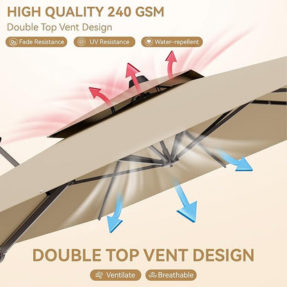 9x12 FT Patio Umbrella, Large Cantilever Rectangular Double Top Heavy Duty Offset Umbrellas with 360° Rotation, Outdoor shade for Garden Deck Pool, Tan