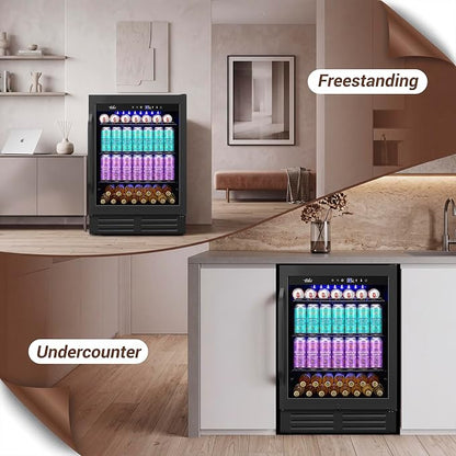 Velivi 24" Black Beverage Refrigerator Cooler: 24Inch Built-In Under Counter Fridge for Soda, Beer, Drink | 168Cans Large Capacity - Perfect for Kitchen, Bar, or Office