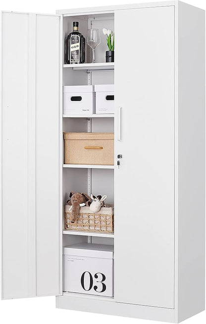 Fesbos Metal Storage Cabinet-71” Tall Steel File Cabinets with Lockable Doors and Adjustable Shelves-White Steel Storage Cabinet for Home, School, Office, Garage