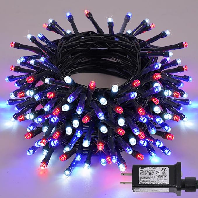 YEGUO Red White and Blue String Lights, 66ft 200 LED 4th of July Lights Outdoor Waterproof, 8 Modes Green Wire Patriotic Lights Plug in for Indoor Independence Memorial Day