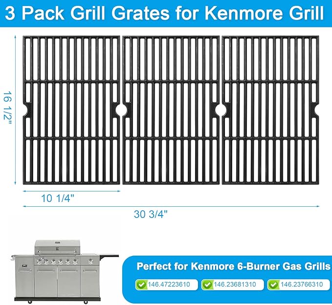 LS'BABQ 16.5 Inch Grill Grates Compatible with Ken-More 6-Burner 146.47223610 146.23681310 146.23766310 Gas Grill 3 Pack Cast lron Cooking Grids Replacement Parts