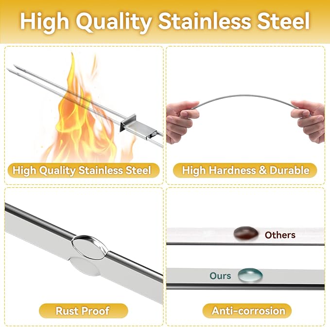Metal Skewers, 17"（10PCS), Double Pronged Flat Stainless Steel with Slider
