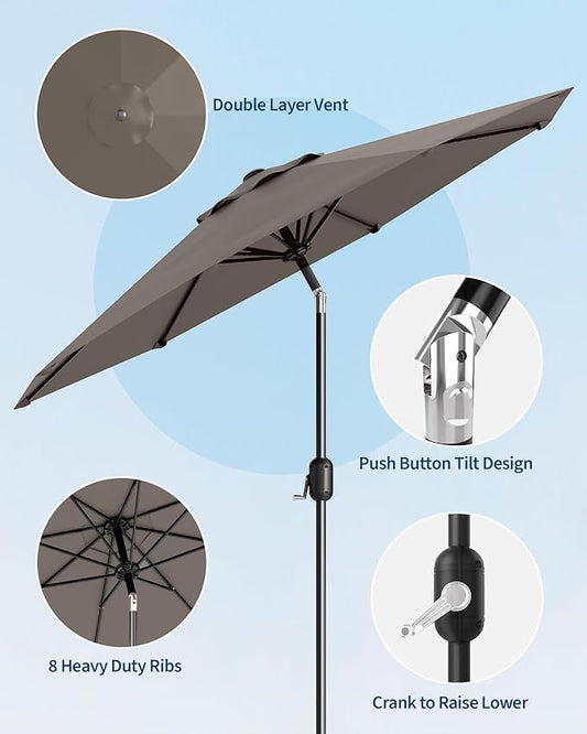 GarveeLife 9 ft Patio Umbrella, Outdoor Table Market Umbrella with Push Button Tilt and Crank, 8 Sturdy Ribs UV Protection Waterproof for Garden, Deck, Backyard, Pool (Taupe)