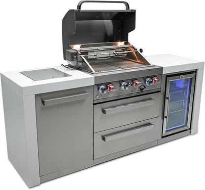 Mont Alpi MAi400-DFC-NG 4-Burner 78000 BTU Deluxe Stainless Steel Modular Outdoor Kitchen Island Grill with MANGK Natural Gas Conversion Kit + Fridge Cabinet, Granite Countertops & 2 Infrared Burners
