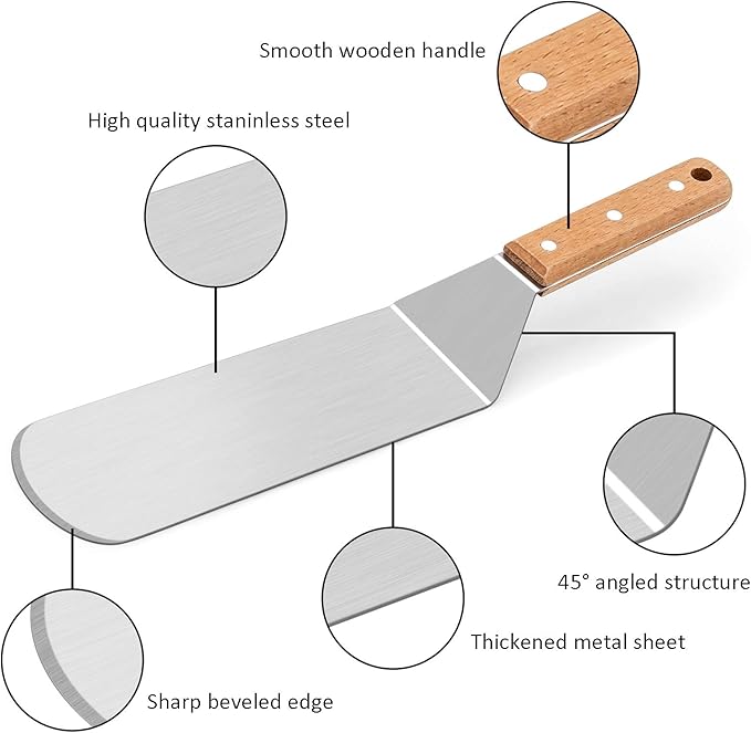 Metal Spatula Set, HaSteeL Stainless Steel Griddle Spatula Tools Kit with Wooden Handle, Heavy Duty Long Pancake Flipper Burger Turner for BBQ Teppanyaki Flat Top Grilling Cooking Outdoor & Indoor