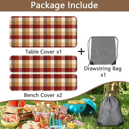 Checkered Style Picnic Table Cover with Bench Covers, Camping Essentials, Plaid Waterproof Windproof, Fitted Tablecloth Cover with Elastic Edge, for Indoor, Outdoor, 3 PCS, 30x72 Inch