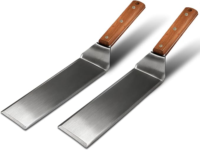 Extra Long Metal Griddle Spatula Set of 2 | Stainless Steel Grill Spatula,Grill Accessories for Blackstone,BBQ Tools,Full Tang Wooden Handle,Beveled Edges for Flat Top