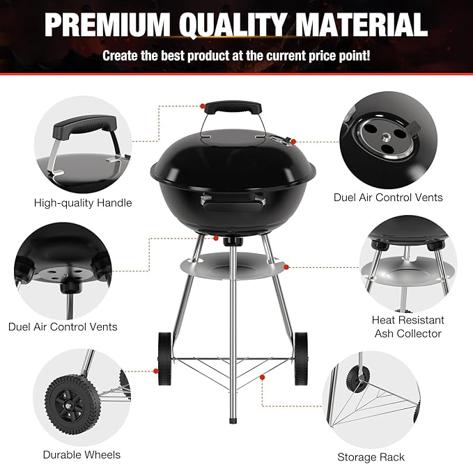 18 inch Charcoal Grill, Portable Kettle BBQ Grills, Barbecue Gift, Durable & Easy to Assemble, Round Barbecue Grill for Outdoor Cooking, Patio and Beach, Black