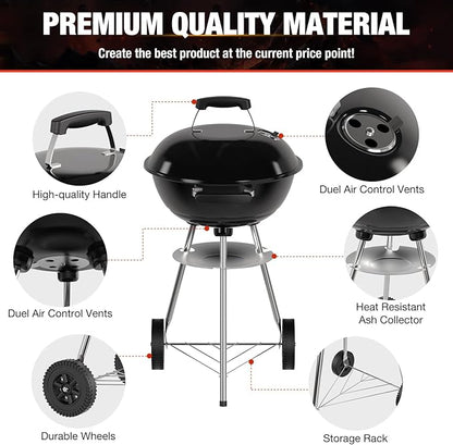 18 inch Charcoal Grill, Portable Kettle BBQ Grills, Barbecue Gift, Durable & Easy to Assemble, Round Barbecue Grill for Outdoor Cooking, Patio and Beach, Black