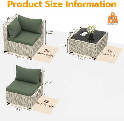 UDPATIO Outdoor Patio Furniture Set, 7 Pcs PE Wicker Sectional Sofa with Tea Table, Outdoor Conversation Set for Patio, Garden, Backyard (Green Cushions with Light Grey Rattan)