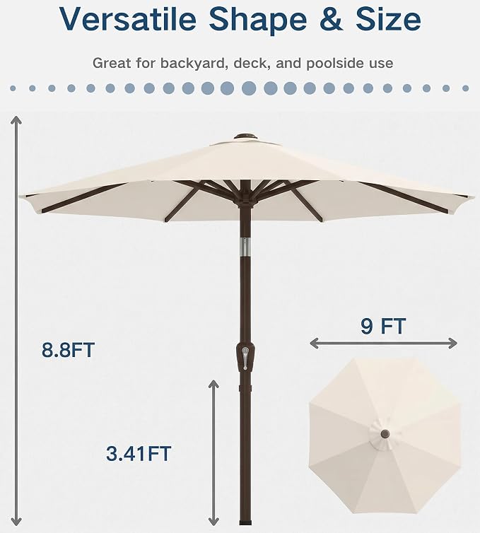 PatioKingdom Auto-Tilt 9FT Patio Umbrella Outdoor with 8 Sturdy Fiberglass Ribs,Market Table Umbrella for Pool,Backyard,Deck and Garden