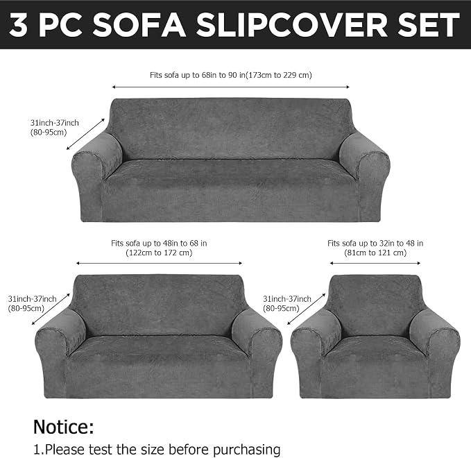 Peryiter 3 Pcs Couch and Loveseat Sofa Covers,Dark Gray,Velvet | Armchair Covers for Living Room, Sofa Cushion Slipcover, Furniture Protector, Polyester and Spandex, Washable
