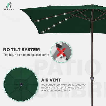 JEAREY 8x10' Rectangle LED Lighted Umbrella Patio Umbrella Outdoor w/Crank | Solar Market Umbrellas with 8 Sturdy Ribs, UV Protection Waterproof Sunproof for Pool, Deck, Backyard(Dark Green)