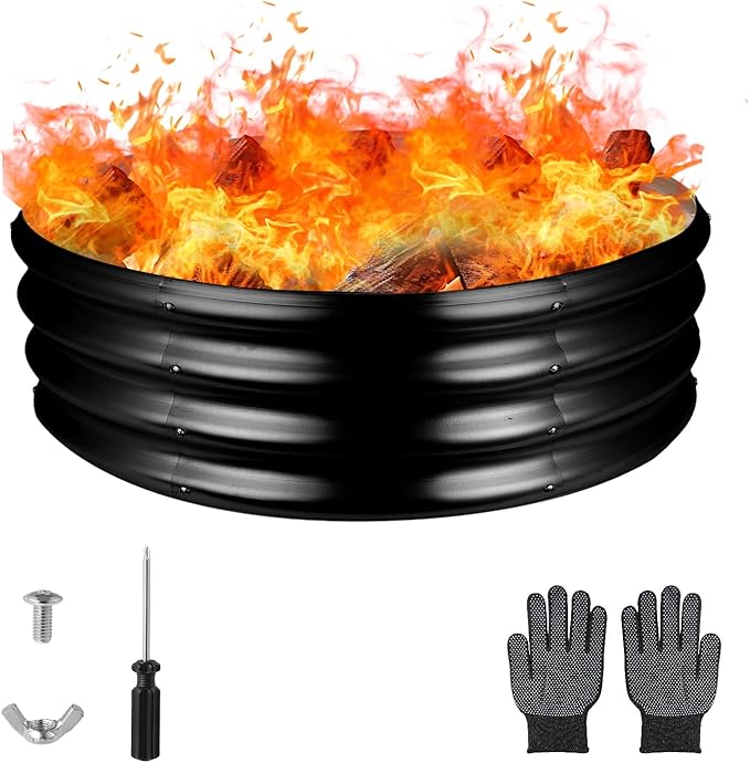Raynesys 36 Inch Round Galvanized Fire Pit Ring, Round Galvanized Fire Ring, 3 Feet Diameter Round fire Pit, Outdoor fire Pit for Backyard, Camping, Bonfire, Black