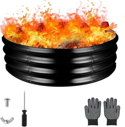 Raynesys 36 Inch Round Galvanized Fire Pit Ring, Round Galvanized Fire Ring, 3 Feet Diameter Round fire Pit, Outdoor fire Pit for Backyard, Camping, Bonfire, Black