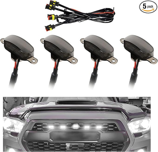5 PCS Car LED Grille Lights, Waterproof Front Grille Running Lights with Wiring Harness, LED Grill Running Lamp Decorative Light for 2017-2019 F150 Raptor (Black & White, 4 PCS)