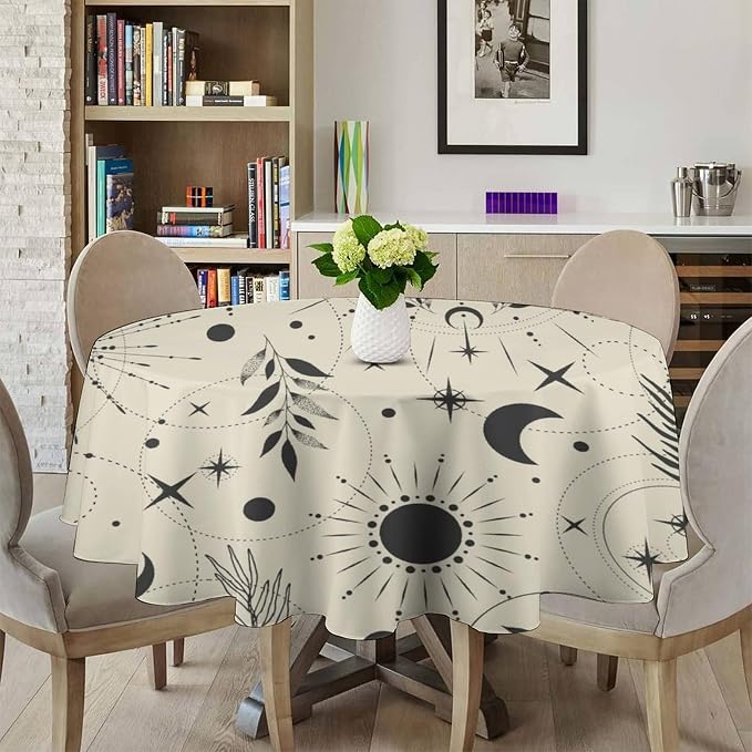 Sun Moon Round Tablecloth Vintage Boho Astrology Star Crescent Galaxy Space Table Cloth Water Resistant Wipeable Table Cover for Farmhouse Picnic Party Holiday Kitchen Dinner Table 60"