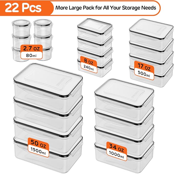 JSCARES 44 PCS Food Storage Container with Lid (22 Lids & 22 Containers) | Leakproof Meal-Prep Containers for Kitchen Storage Reusable Plastic Microwave/Dishwasher Safe with Labels & Pen