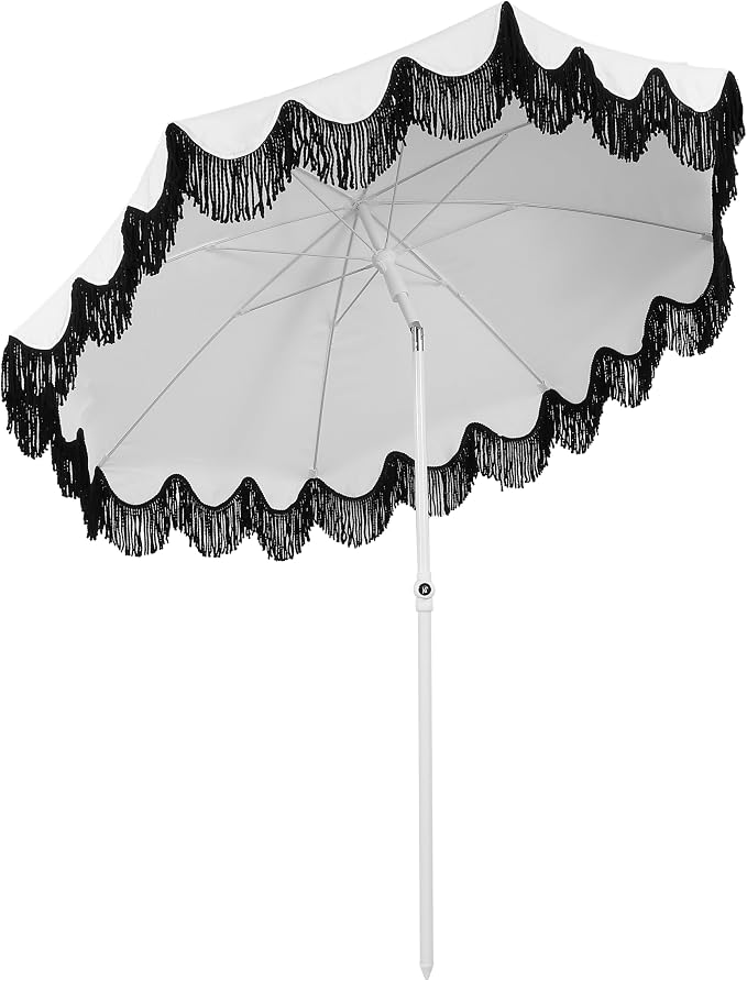 JONATHAN Y Mariner 6.5 ft. Solid Fringe Beach Umbrella, White/Black | Push-Button Tilt, UV 50 Protection, Matching Carry Bag, Iron Pole, Wind Vent, Scalloped Round Canopy