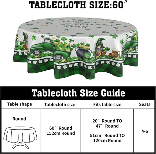 Sweetshow Happy St. Patrick's Day Gnomes Table Cloth Round Shamrock Trucks Green Hat Coin Buffalo Plaid Tablecloth 60 Inch Decor Washable Stain and Wrinkle Spring Round Table Cover for Dining Picnic