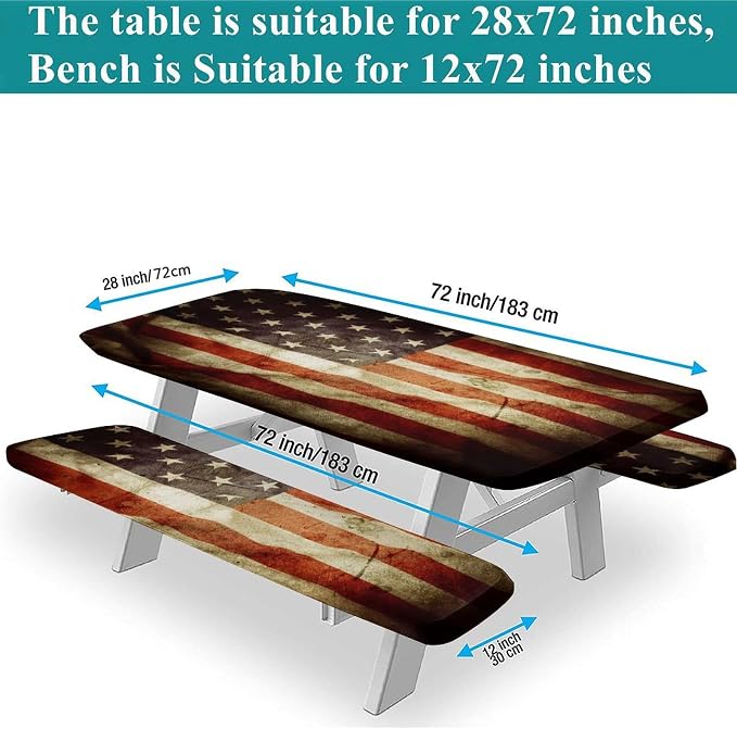 American Flag Fitted Picnic Table Tablecloth Cover, Stock Photo Old Wooden with Shabby Paint Print, 28x72 Inch Rectangle Table Cover Set for Outdoor, Park, Patio, Turq Use