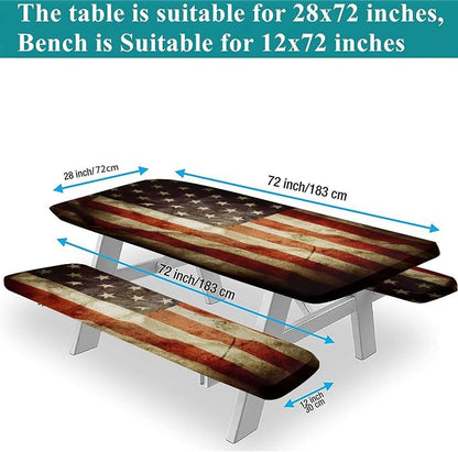 American Flag Fitted Picnic Table Tablecloth Cover, Stock Photo Old Wooden with Shabby Paint Print, 28x72 Inch Rectangle Table Cover Set for Outdoor, Park, Patio, Turq Use