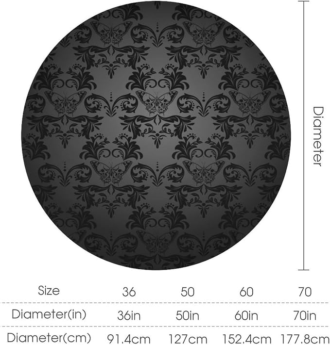 Gothic Black Damask Round Tablecloth, Vintage Floral Exotic Butterfly Suger Skull Bohemian Antique Table Cloth Water Resistant Table Cover for Farmhouse Party Holiday Kitchen Dinner Table 50"