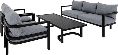 4-Piece Outdoor Steel Sofa Set, All Weather Patio Conversation Set with 1 Love Sofa, 2 Single Sofa and Coffee Table, Waterproof Cushions, Suitable for Backyard Poolside Gardens (Light Grey-Z)