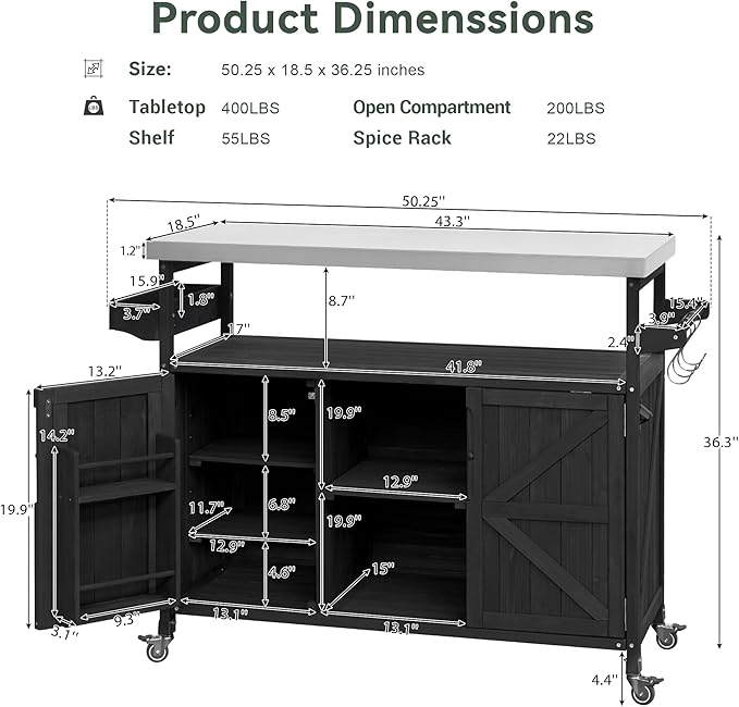 Merax 50" Outdoor Kitchen Grill Cart Island on Wheels with Stainless Steel Top,Farmhouse Style Solid Wood Frame Storage Cabinet for Party