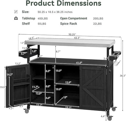 Merax 50" Outdoor Kitchen Grill Cart Island on Wheels with Stainless Steel Top,Farmhouse Style Solid Wood Frame Storage Cabinet for Party