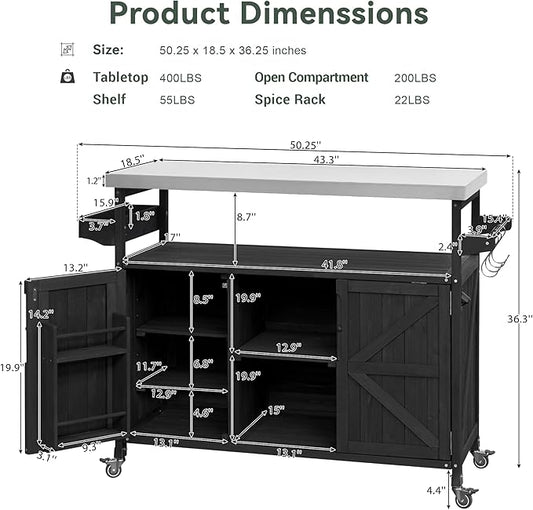 Merax 50" Outdoor Kitchen Grill Cart Island on Wheels with Stainless Steel Top,Farmhouse Style Solid Wood Frame Storage Cabinet for Party