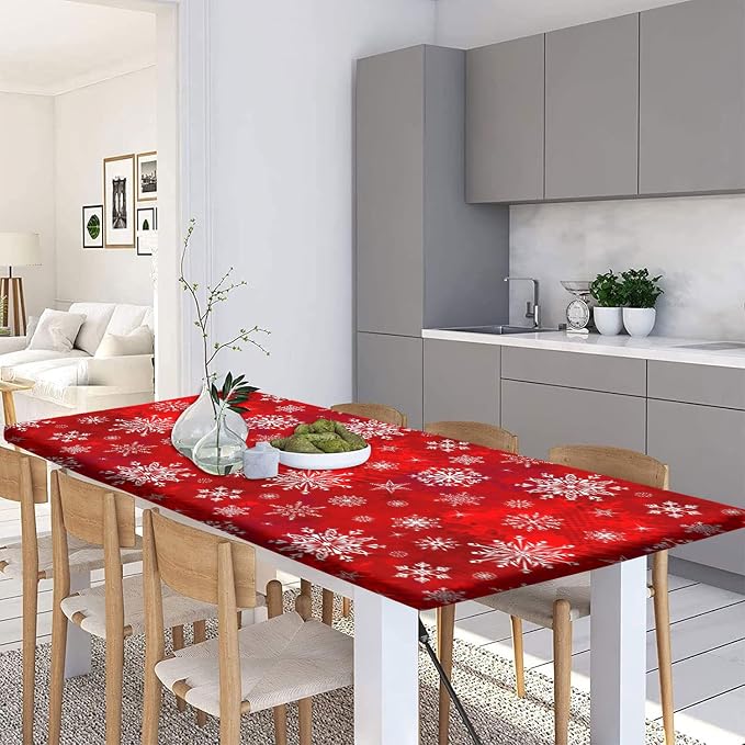 Christmas Picnic Fitted Tablecloth and Bench Covers, 3 Pieces Set, White Snowflakes on Red Background Print Elastic Edged Table Cover, 72x28 Inch, Table Cover for Indoor/Outdoor Picnic, BBQ and Dining