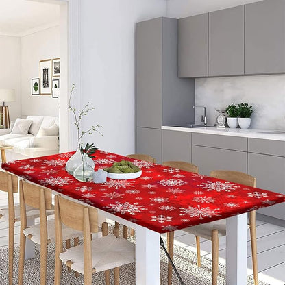 Christmas Picnic Fitted Tablecloth and Bench Covers, 3 Pieces Set, White Snowflakes on Red Background Print Elastic Edged Table Cover, 72x28 Inch, Table Cover for Indoor/Outdoor Picnic, BBQ and Dining