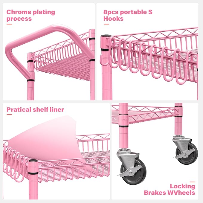 YNN Pink Rolling Cart, 990Lbs 3 Tier Heavy Duty Metal Cart with Wheels & Handle NSF Wheeled Cart 31" D x 18" W x 33" H for Bedroom, Bathroom, Kitchen,Garden,Decor,Serving