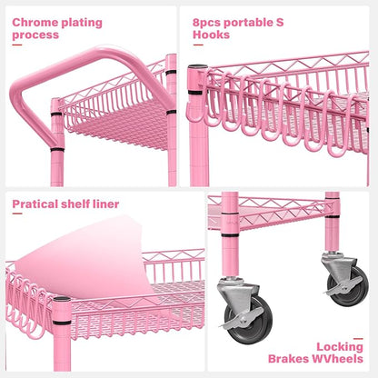 YNN Pink Rolling Cart, 990Lbs 3 Tier Heavy Duty Metal Cart with Wheels & Handle NSF Wheeled Cart 31" D x 18" W x 33" H for Bedroom, Bathroom, Kitchen,Garden,Decor,Serving